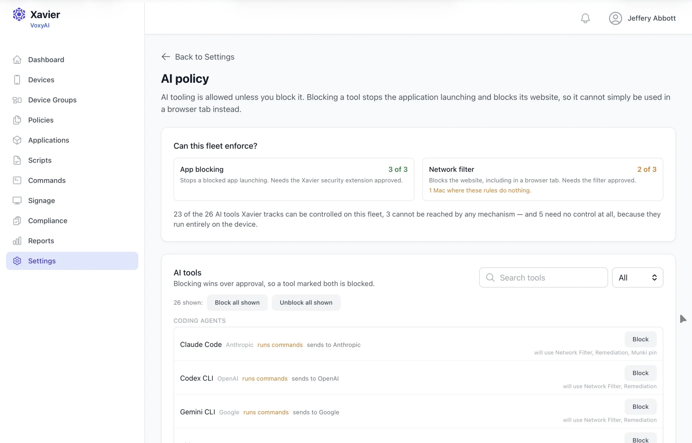 Xavier AI policy page listing AI coding agents with a Block action, and reporting how many Macs can enforce app blocking and the network filter