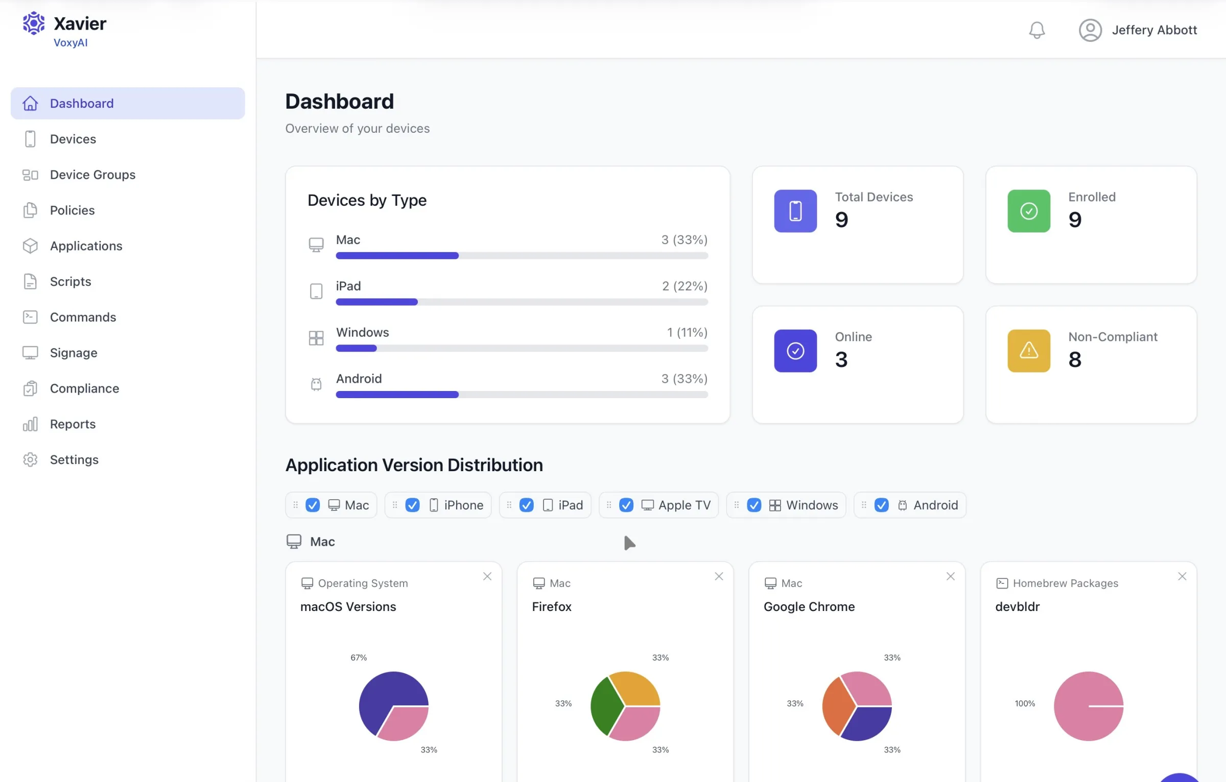 Xavier dashboard showing a fleet of Mac, Android, iPad, iPhone, and Windows devices