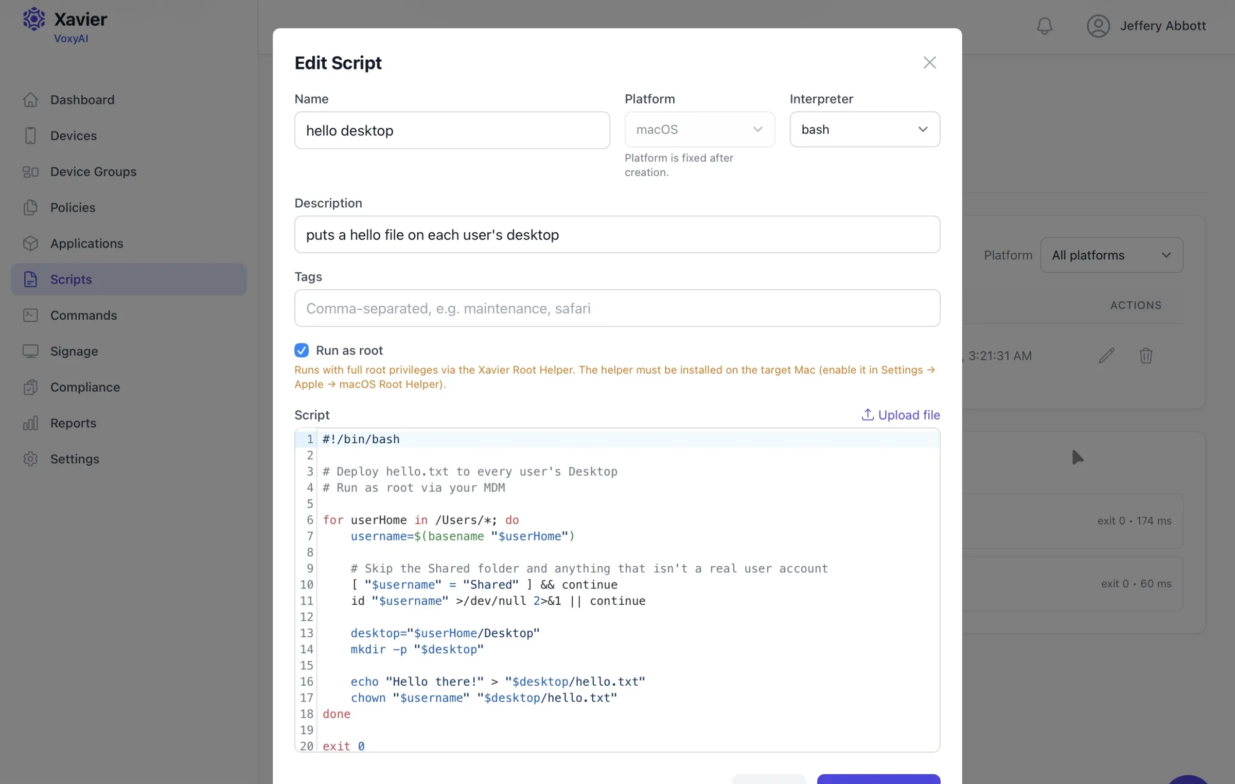 Xavier script editor showing a bash script with an opt-in root execution setting